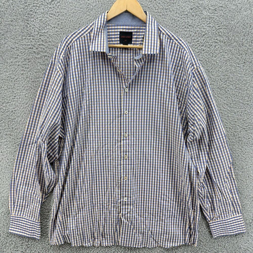 Linea Uomo Men's 3XLT Button Up Blue Multicolor Plaid Check Woven Dress Shirt